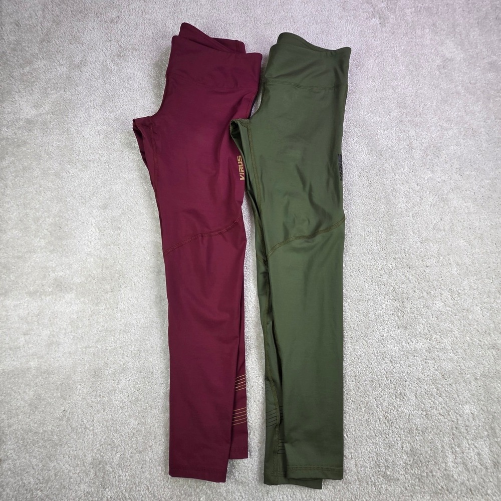Virus Action Sports Ankle Leggings Womens Medium Lot (2) Burgundy Green Gym Yoga